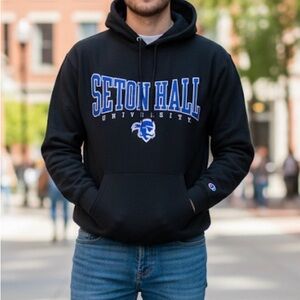 Champion Black Hoodie with Blue and White Seton Hall Logo